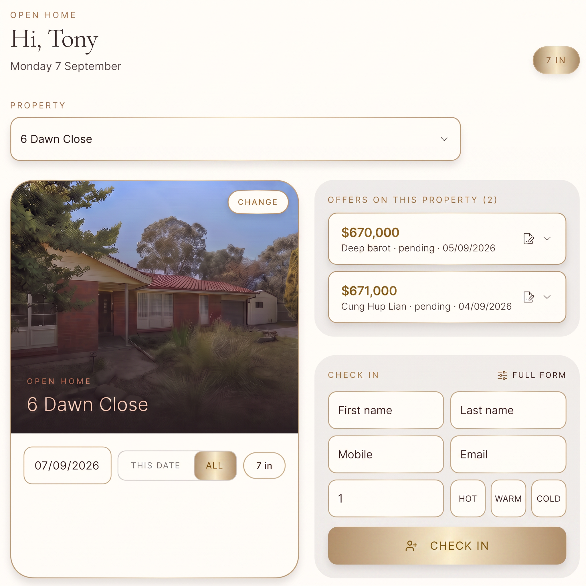 Integrated property and open home dashboard