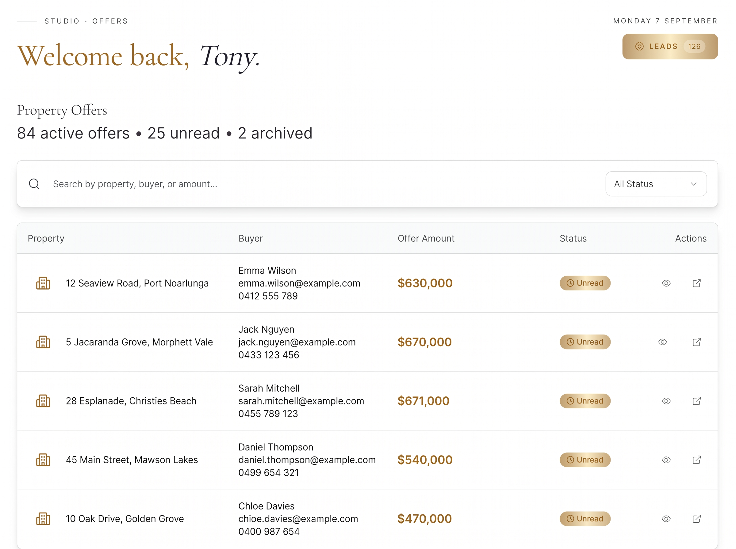 Property offers dashboard inside the integrated CRM